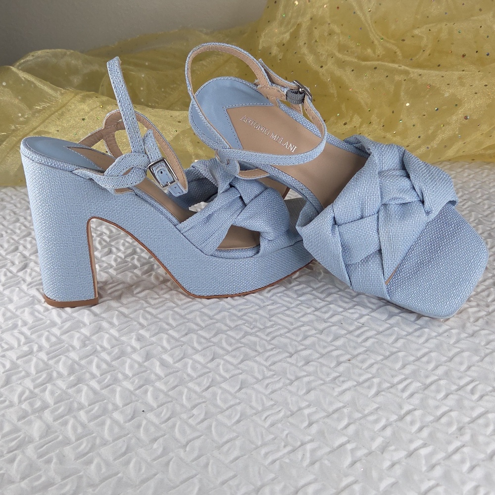 Antonio Melani Platform Size 8 Knotted Linen Block Heel Sandal - Light Blue - Picture 5 of 16